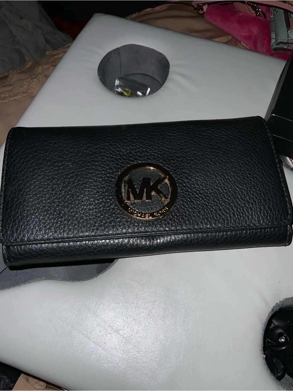 Michael Kors Black Leather Wallet with Gold MK Emblem